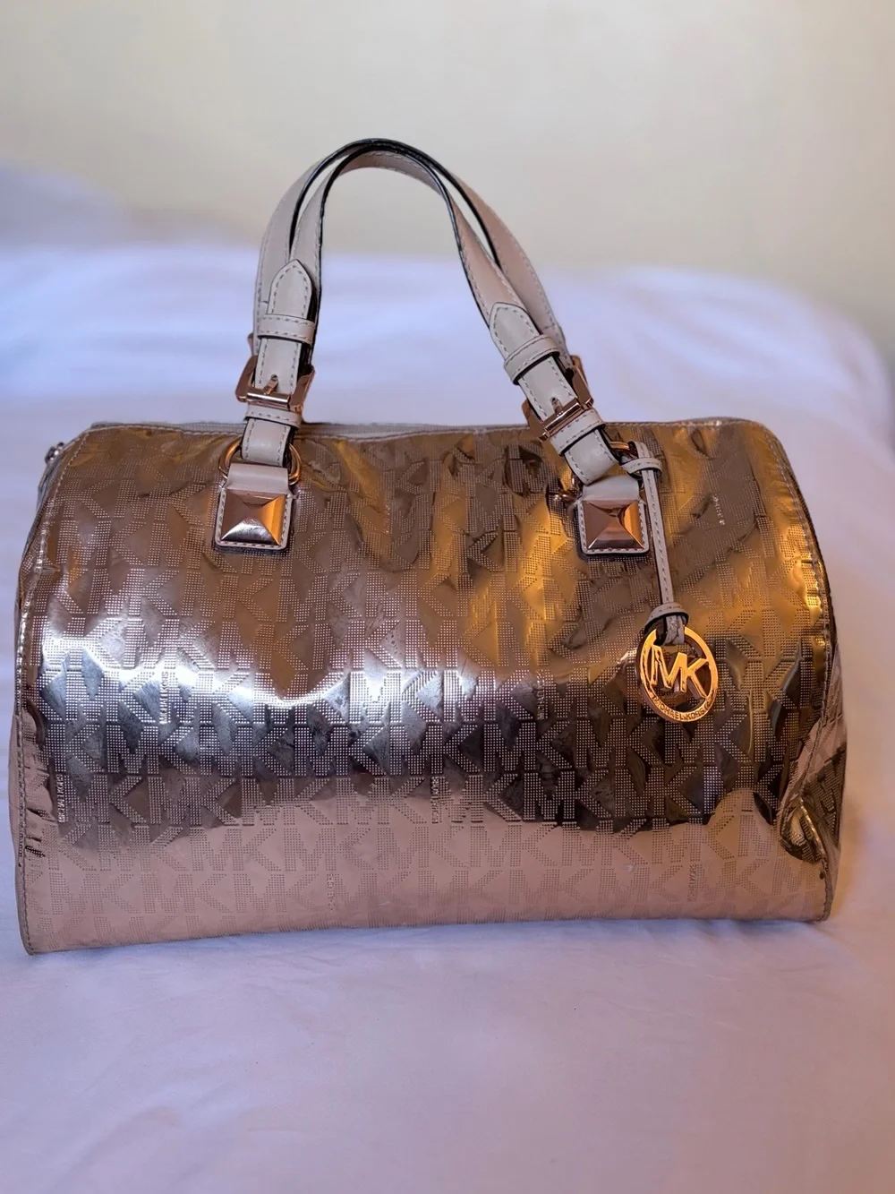 Michael Kors Metallic Rose Gold MK Monogram Satchel